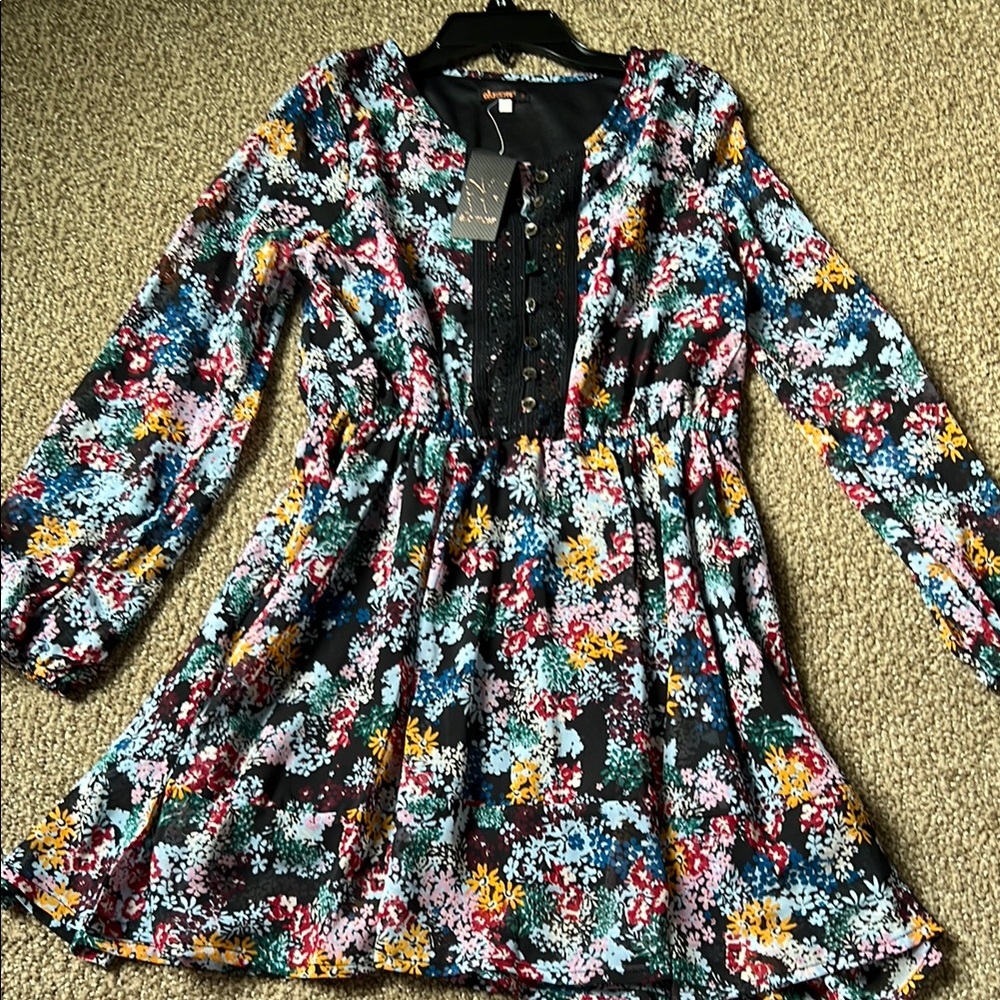 Girls Ella Moss Black and Blue Pleated dress with Long Bishop Sleeves